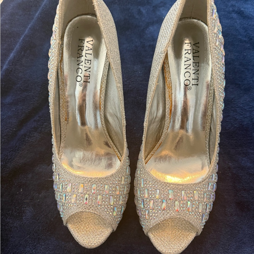 Valenti Franco Gold Crystal-Embellished Peep-Toe Heels, 7